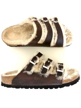 Birkenstock Florida Shearling Sandals Brown Genuine Leather 3 Buckles Size 36